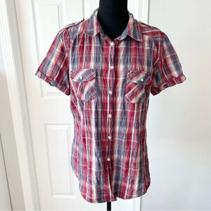 MEC Short Sleeve Snap Button Plaid Western Shirt